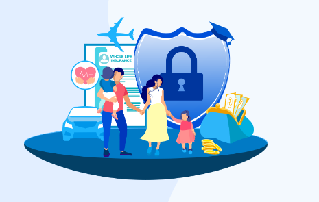 An illustration of a family standing behind a large shield with a lock on it. There are symbols of travel, education, and financial security around them.