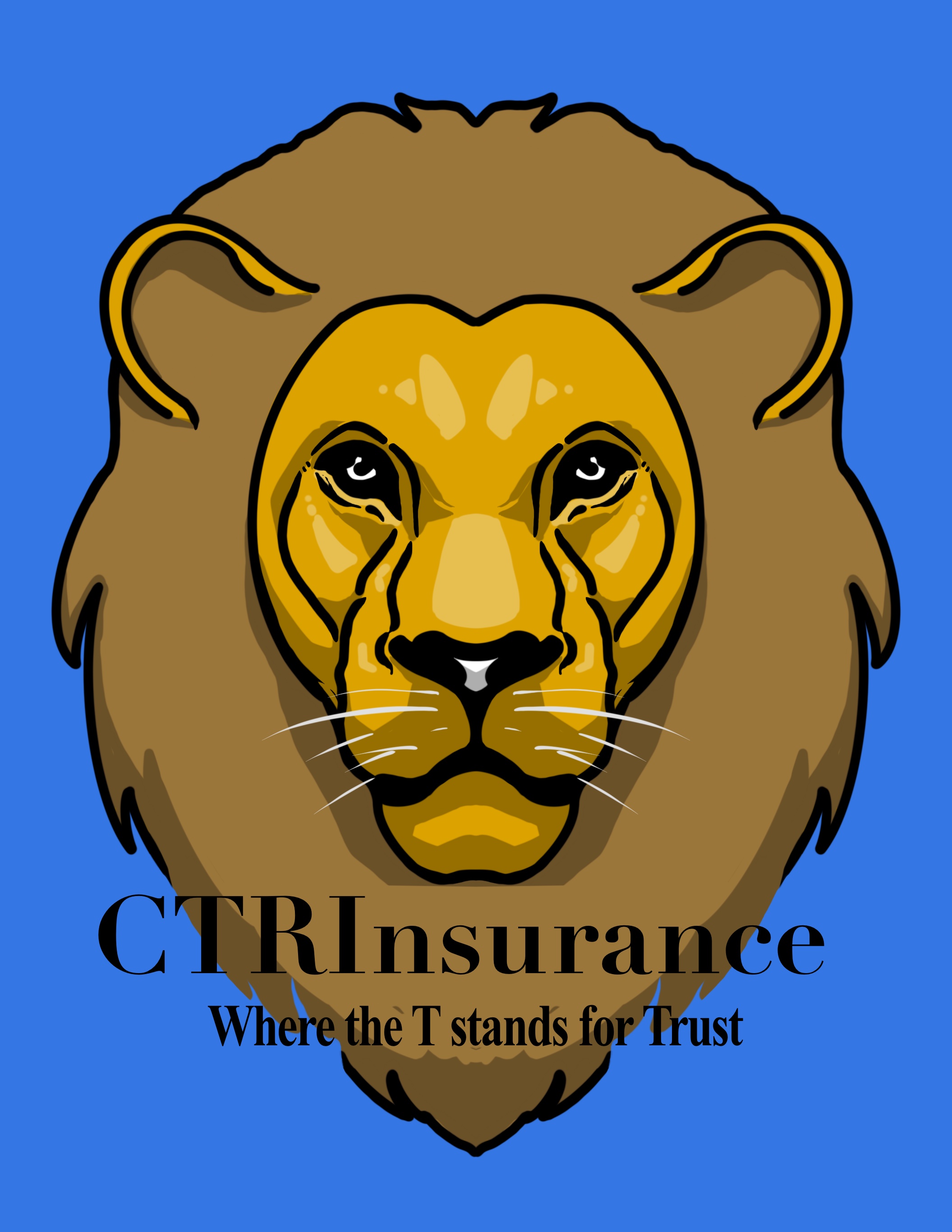 This is the logo for CTRInsurance. A gold lion with a light brown mane with the Words CTRInsurance, Where the T stands for Trust is labeled across it.