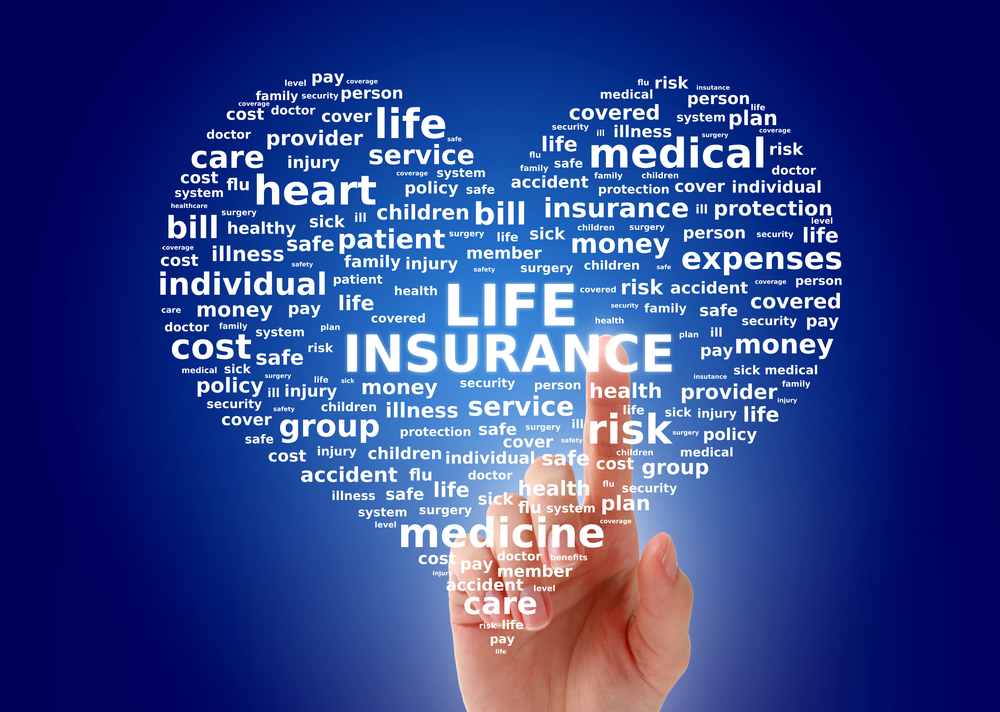 Words are arranged in a heart shape, with "LIFE INSURANCE" in the center. The words are related to health, safety, and financial security.